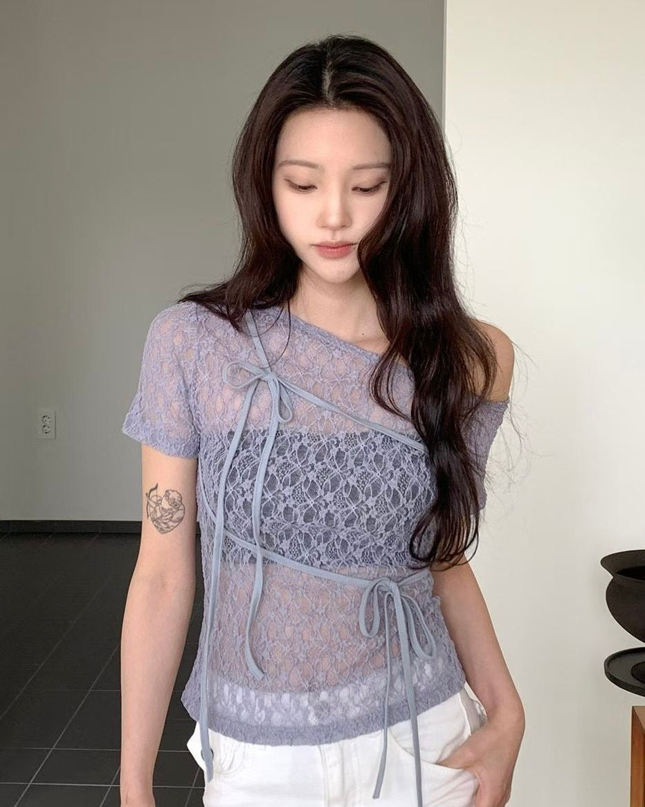 KR 蕾絲隨意綁帶露肩上衣