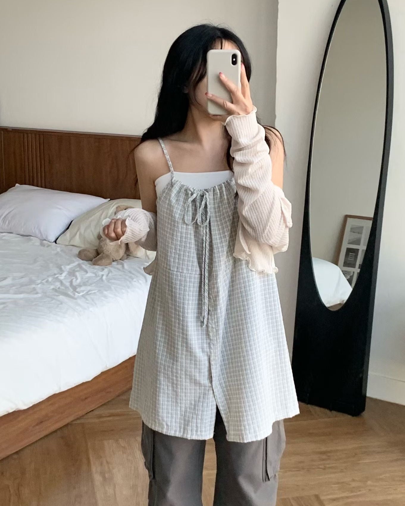KR 格仔吊帶連身裙外搭