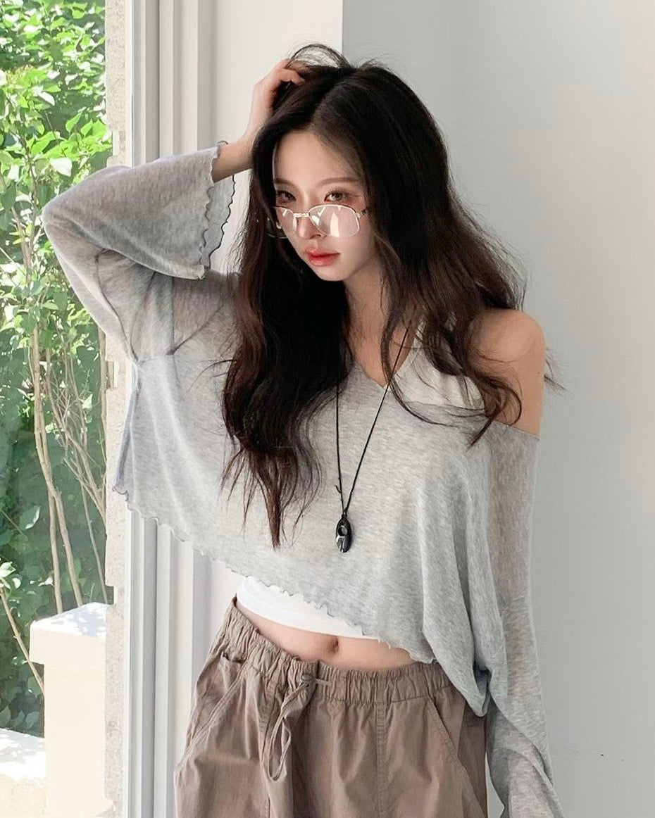 KR-兩件裝掛頸露肩長袖套裝