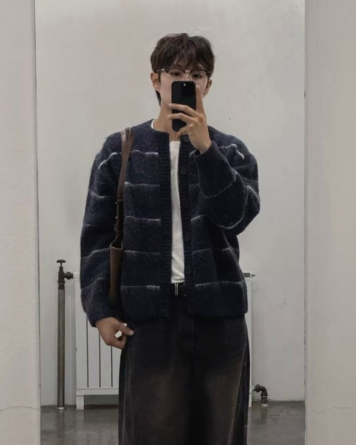 KR 細間條紋開胸毛衣外套