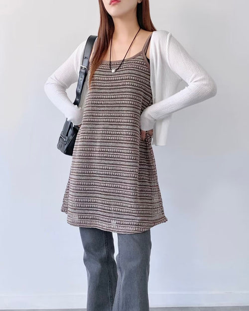 KR 吊帶碎花間條連身裙外搭