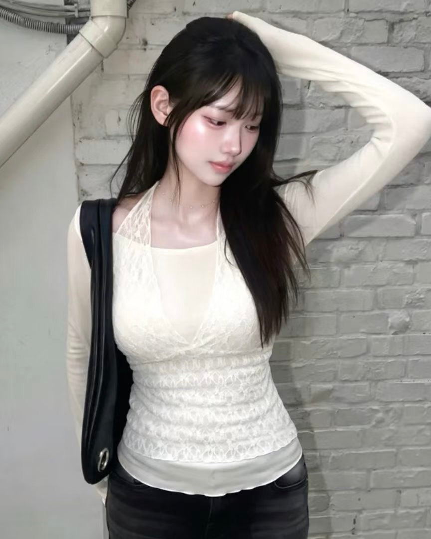 KR 蕾絲V領外搭兩件套裝長袖