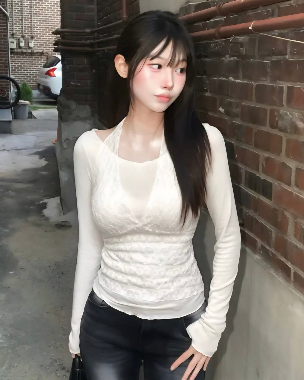 KR 蕾絲V領外搭兩件套裝長袖