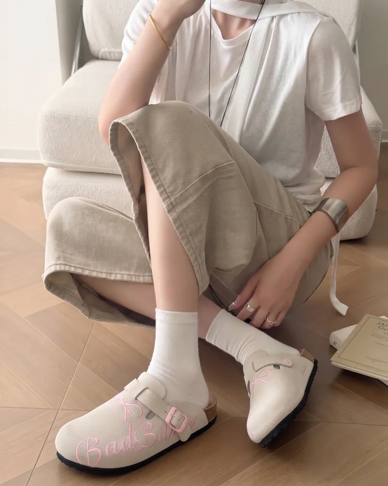 越南 RENCHO 麂皮刺繡蝴蝶結穆勒鞋