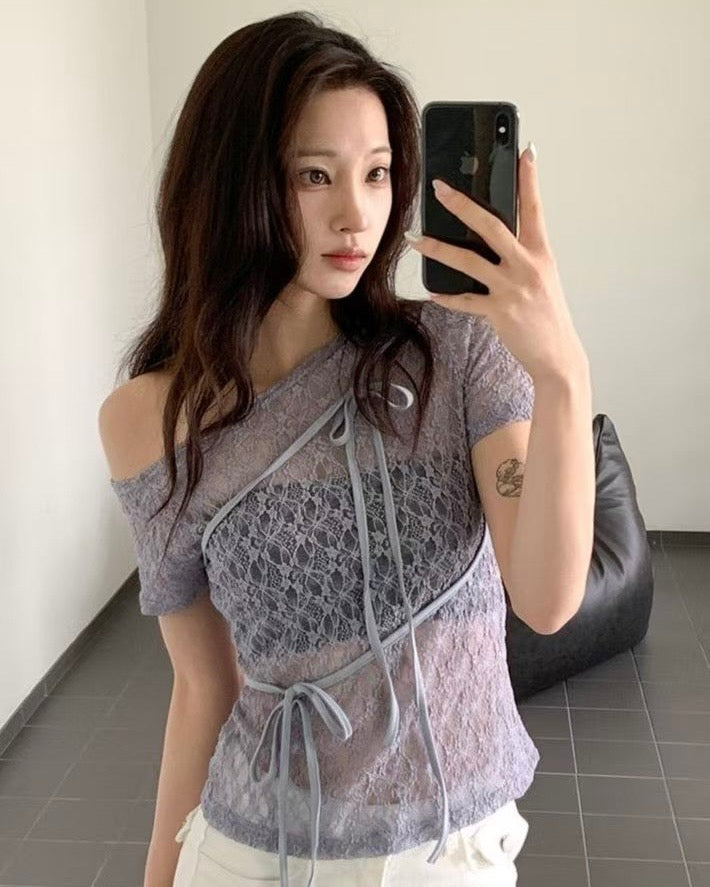 KR 蕾絲隨意綁帶露肩上衣