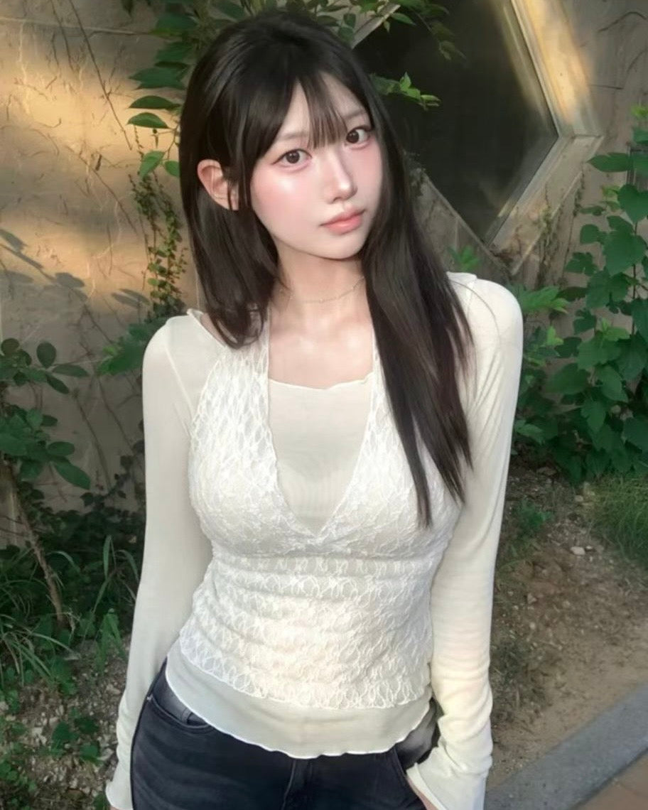 KR 蕾絲V領外搭兩件套裝長袖